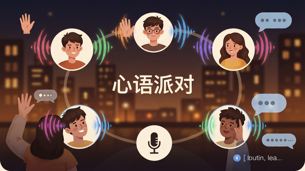一群年轻人通过手机屏幕连接在同一个语音房间内,每个人头像周围有彩色声波扩散,房间中央有