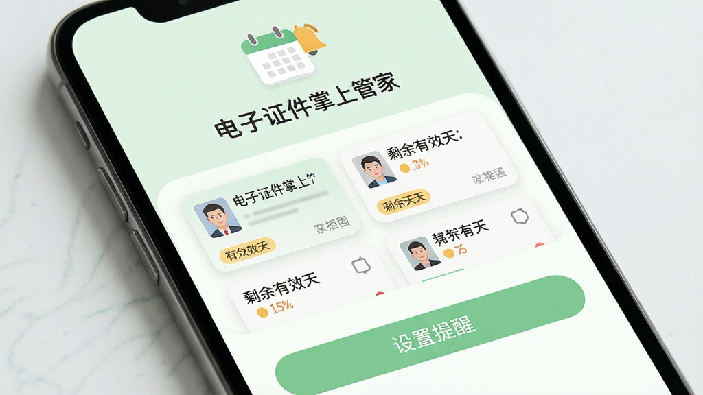 手机屏幕上显示“电子证件掌上管家”的证件到期提醒界面,顶部为日历图标与提醒铃铛,中部列出数张证件卡片并标注剩余有效天数,底部有“设置提醒”按钮,界面风格清新简约,浅绿色与白色搭配,圆角卡片设计,画质干净,文字清晰,无多余元素