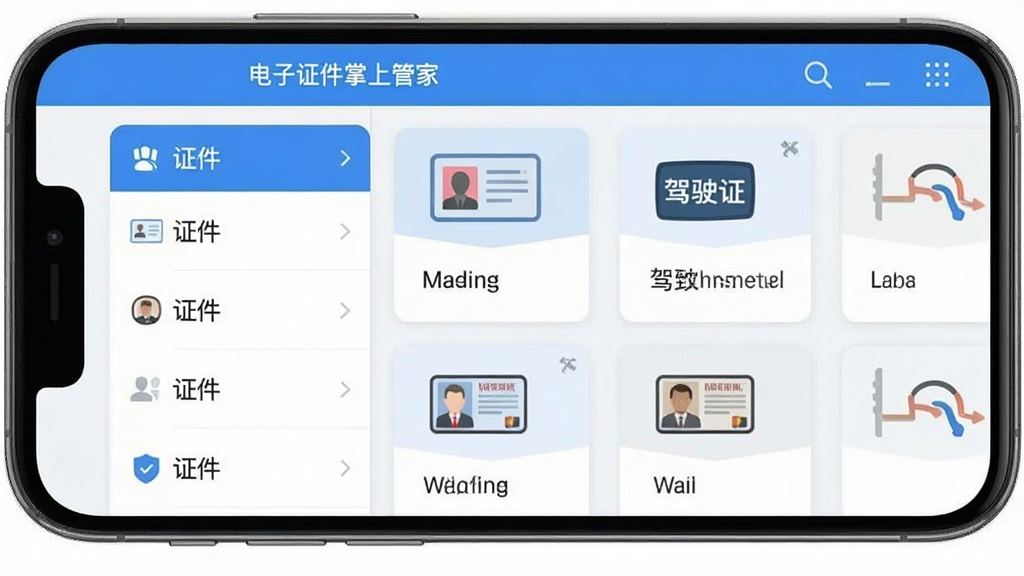 手机屏幕内显示“电子证件掌上管家”应用主界面,左侧为证件分类列表,右侧为证件卡片缩略图,卡片上带有身份证、驾驶证等图标,界面采用卡片式布局,浅色背景,蓝色主色调,扁平化设计风格,画面干净整洁,画质清晰,主体明确,无多余装饰元素