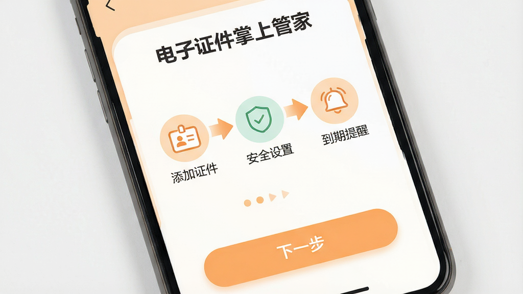 手机屏幕显示“电子证件掌上管家”的新手引导页面,页面中央有步骤指示箭头,分别指向“添加证件”“安全设置”“到期提醒”三个图标,底部有“下一步”按钮,界面采用浅橙色与白色搭配,圆角设计,风格亲和友好,画质清晰,文字可辨,无多余元素