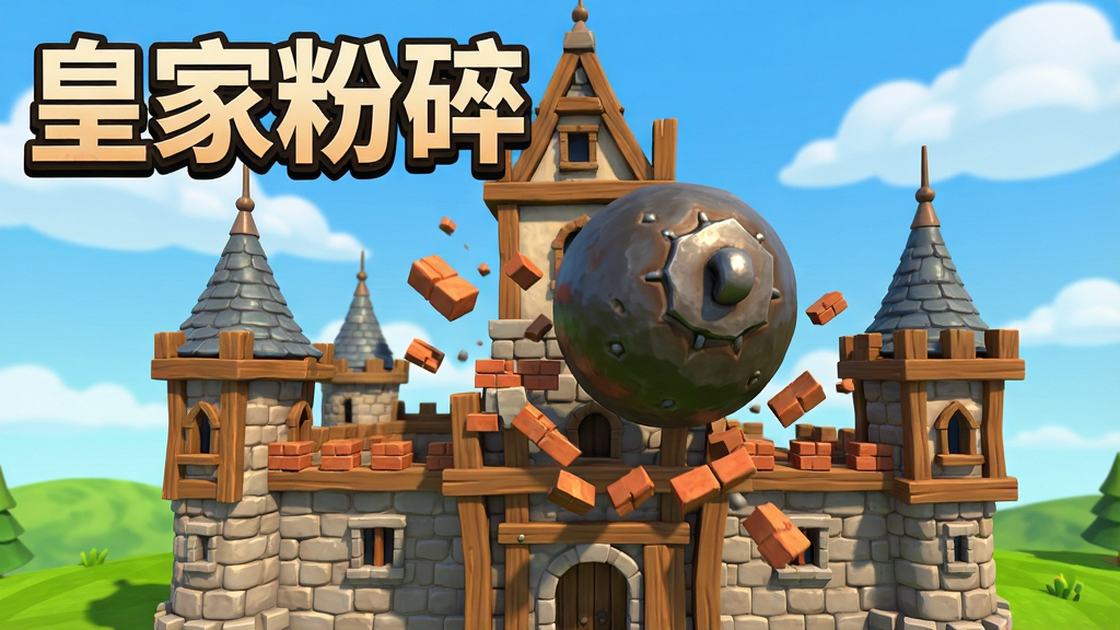 一款3D物理破坏解压手游的主视觉图,画面中央是一座由石块和木梁搭建的欧式城堡,一个巨大的铁球正砸向城堡中央,砖石碎片向四周飞溅,背景是蓝天白云和绿色草地。画面左上角写着“皇家粉碎”四个大字,字体粗犷有力。整体风格为卡通渲染3D,色彩明亮鲜艳,细节丰富,画质清晰,干净无多余元素。