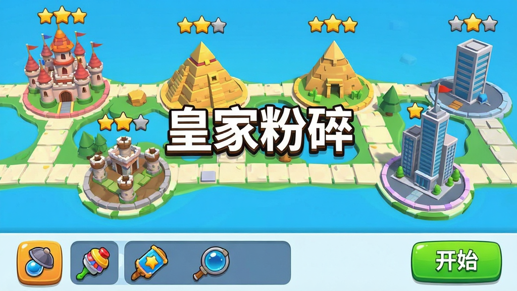 一款3D物理破坏解压手游的关卡选择界面图,画面展示了一个横向滚动的关卡地图,地图上分布着城堡、金字塔、摩天楼等不同主题的关卡节点,每个节点上方有星级评价。界面底部有道具栏和开始按钮。画面中央有“皇家粉碎”标题。风格为清新卡通,色彩丰富,布局清晰,画质清晰,干净无多余元素。