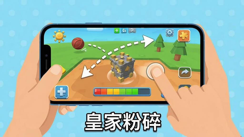 一款3D物理破坏解压手游的新手操作示意图,画面展示一部手机横屏握持,屏幕上显示游戏界面,一根手指正在屏幕上滑动蓄力,画面中有虚线箭头指示投掷方向,旁边有力度条。画面下方有“皇家粉碎”文字标识。风格为扁平化教学插图,色彩清晰,布局简洁,画质清晰,干净无多余元素。