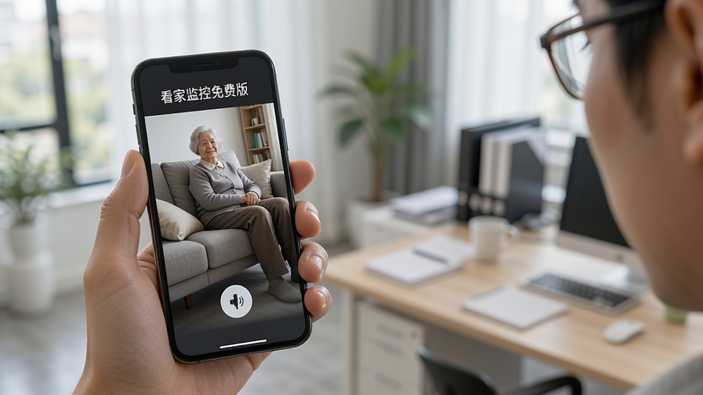 一个人手持手机,手机屏幕显示“看家监控免费版”的远程画面,画面中有一位老人坐在沙发上,手机界面有语音按钮,背景为室外或办公室环境,写实风格,画质干净,无多余元素