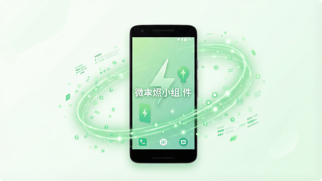 一张以“微小组件”低功耗运行为主题的示意图,画面中央是一部安卓手机,屏幕周围环绕着轻盈的绿色能量线条和微小的数据粒子,象征低资源占用与流畅运行。整体布局以手机为视觉中心,风格偏向科技感与清新感结合,主色调为浅绿与白色,细节上能量线条带有柔和的光晕效果。画质干净清晰,无多余元素干扰。