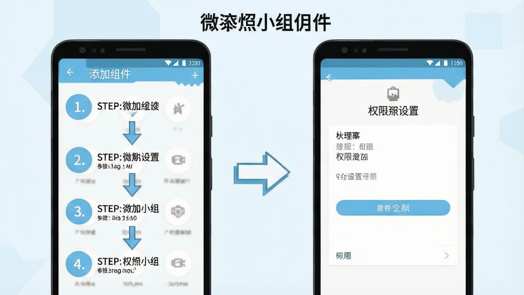 一张以“微小组件”新手操作引导为主题的示意图,画面中一部安卓手机屏幕被分为左右两部分,左侧展示添加组件的步骤流程,右侧展示权限设置界面。整体布局清晰直观,风格为扁平化教学图解,主色调为浅蓝与白色,细节上步骤序号用圆形色块标注,箭头指向明确。画质干净,无杂乱背景,突出操作指引的易读性。