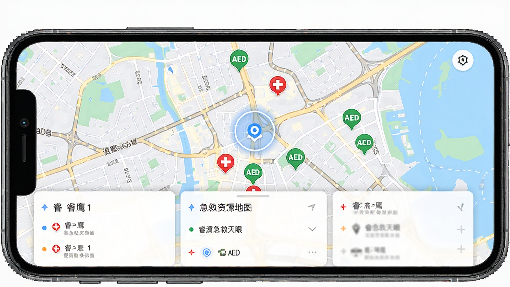 �ӥ���������ܱ߼�����Դ��ͼ���棬�ֻ���Ļ��ʾ���е�ͼ�Ϸֲ��ź�ɫʮ��ͼ�����ɫAED��ʶ����ͼ�·�����Դ�б���Ƭ������Ϊȫ����ͼ�ӵײ����������Ϊ��ˬ��ͼ�����磬ϸ�ڰ�����·�����붨λ��Ȧ�����ʸ��壬�ɾ����޶���Ԫ��