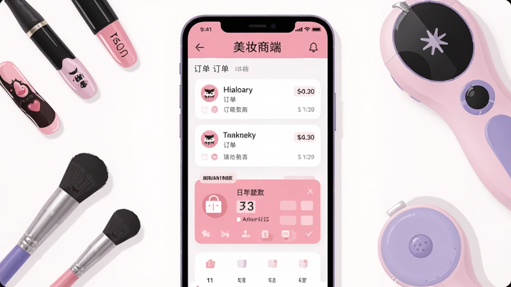 画面中央展示一部智能手机,屏幕内呈现怪兽上门美妆商家端应用的主界面,界面中包含订单列表和日程安排卡片,手机周围环绕美甲工具、化妆刷、美容仪器等物品,采用扁平化插画风格,色调以粉色和浅紫色为主,画面干净整洁,无多余装饰元素,高清画质。