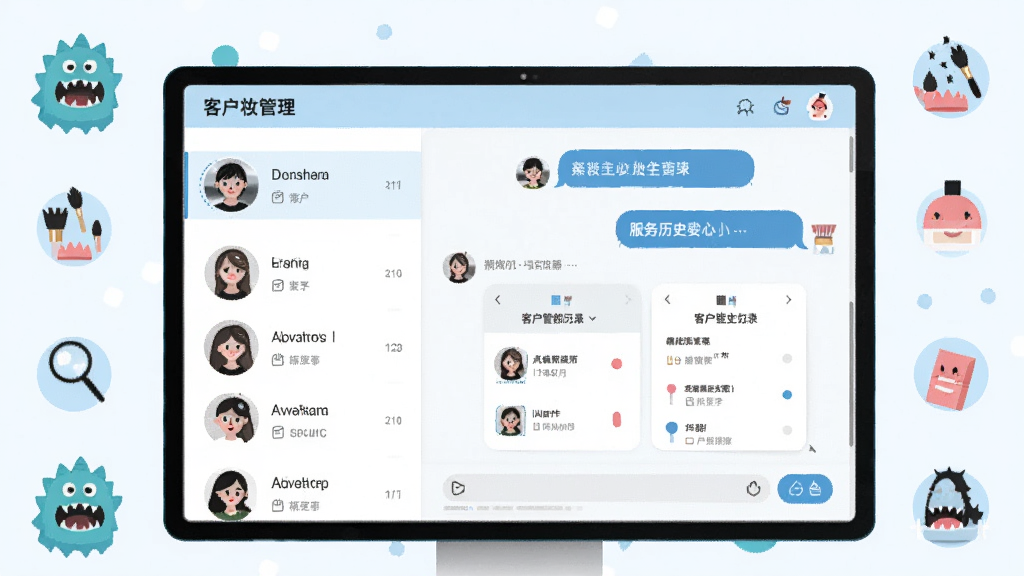 画面展示怪兽上门美妆商家端的客户管理界面,左侧为顾客头像列表,右侧为聊天对话框和服务历史记录卡片,界面设计清爽,以白色和浅蓝色为主色调,周围点缀美妆相关的图标元素,扁平化设计风格,画面干净无杂乱,高清画质。