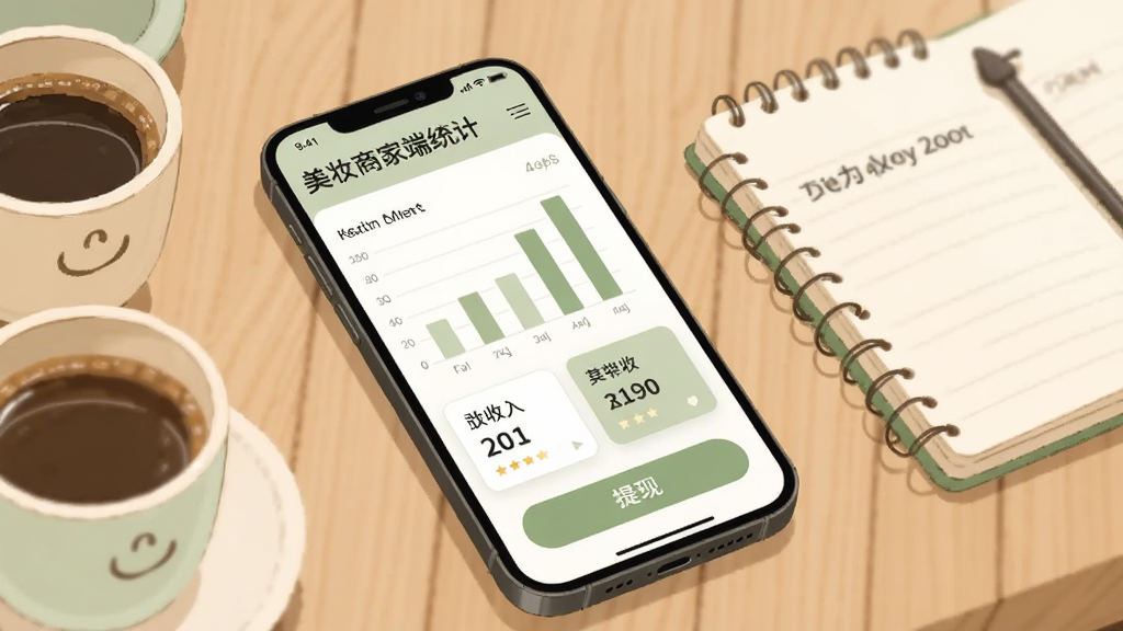 怪兽上门美妆商家端收入统计页面展示在手机屏幕上,页面包含柱状图、收入数字卡片和提现按钮,手机放置在木质桌面上,旁边有一杯咖啡和一本笔记本,整体风格为现代简约插画,色调以米色和浅绿色为主,画面整洁,高清画质。