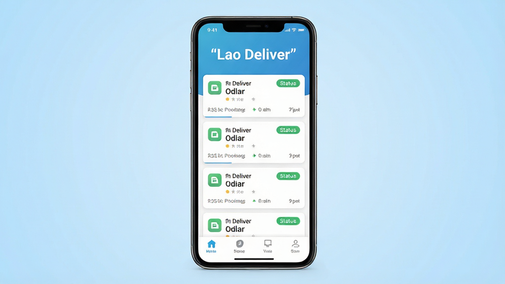 一张展示Lao Deliver软件主界面的手机应用预览图,画面中央是一部竖屏智能手机,屏幕内显示配送订单列表界面,包含订单卡片、状态标签和底部导航栏,背景为浅蓝色渐变,风格简洁现代,细节清晰,画质干净,无多余元素,屏幕上方用引号标注