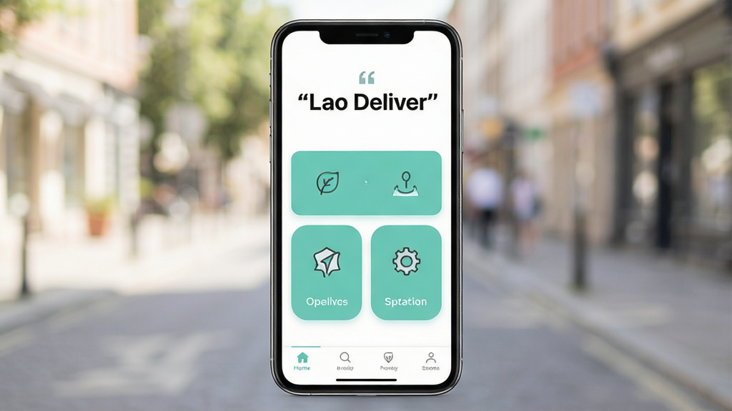 一张展示Lao Deliver简洁操作界面的手机应用场景图,画面中央为手机屏幕,屏幕内显示底部导航栏和几个大尺寸操作按钮,背景为户外街道虚化效果,风格明亮清新,细节清晰,画质干净,无多余元素,屏幕上方用引号标注