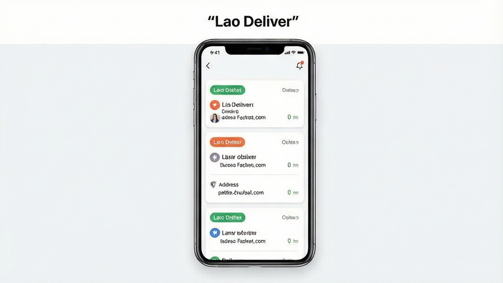 一张展示Lao Deliver订单管理功能的界面截图风格图片,画面中央为手机屏幕,屏幕内显示多个订单卡片纵向排列,卡片上有状态标签和地址信息,背景为白色和浅灰色搭配,风格清爽简约,细节清晰,画质干净,无多余元素,屏幕顶部用引号标注