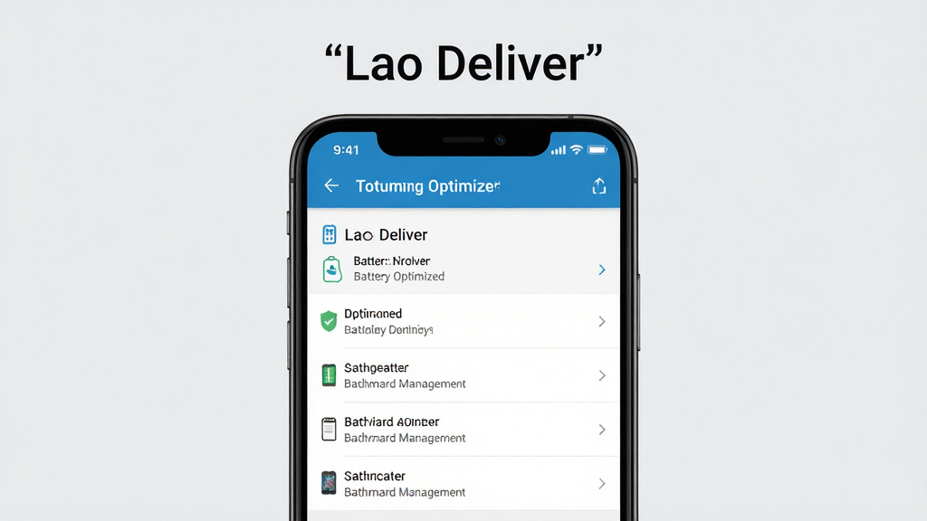 一张展示Lao Deliver在手机后台设置中白名单配置的界面示意图,画面中央为手机屏幕,屏幕内显示电池优化和后台管理设置页面,背景为浅灰色,风格简洁商务,细节清晰,画质干净,无多余元素,屏幕上方用引号标注