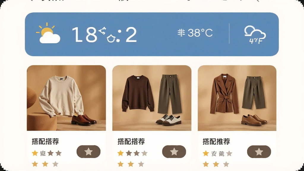 手机屏幕显示智能搭配推荐页面,上方是天气信息,下方是三套搭配方案卡片,每套包含上衣下装和鞋子,背景是暖色调,风格温馨时尚,细节包括搭配评分和收藏按钮,画质清晰干净,无多余元素