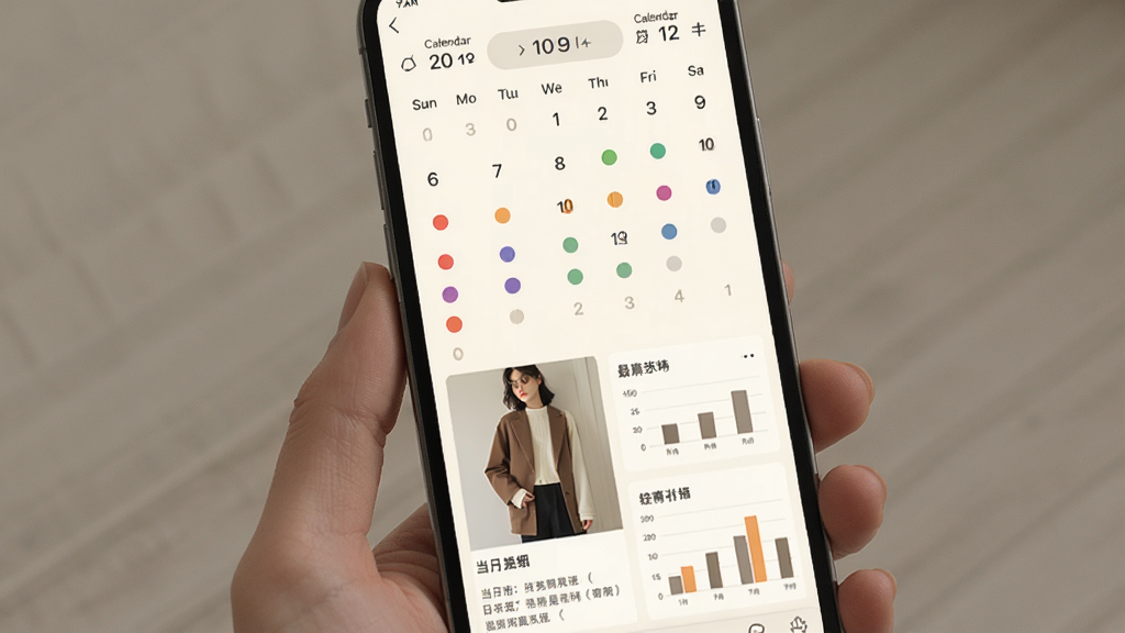 手机屏幕显示穿搭日历界面,日历上标记了不同颜色的圆点,下方是当日穿搭照片和文字记录,背景是米白色,风格柔和素雅,细节包括月份切换和统计图表,画质高清干净,无多余元素