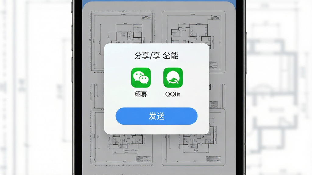 极速专业CAD看图文件分享功能展示,主体为手机屏幕显示分享菜单和图纸缩略图,布局为居中弹窗样式,排版简洁,风格为清新浅色系,细节包含微信和QQ图标以及发送按钮,画质高清,干净,无多余元素