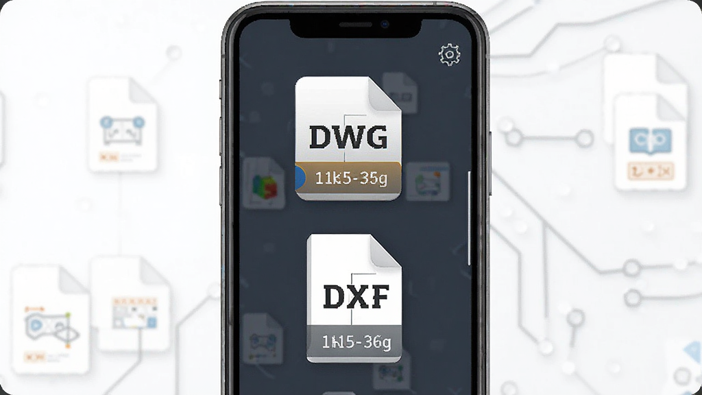 极速专业CAD看图多格式兼容功能展示,主体为手机屏幕中同时显示DWG和DXF格式文件图标,布局为上下排列,排版整齐,风格为科技感扁平化设计,细节包含格式标签和文件大小信息,画质高清,干净,无多余元素