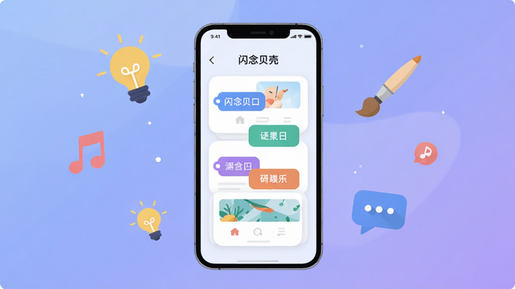 画面中央是一部智能手机,屏幕亮起显示“闪念贝壳”应用程序的主界面,界面采用简洁的卡片式布局,几个彩色标签错落有致。手机周围漂浮着代表灵感的小图标,如灯泡、音符、画笔和对话气泡。背景是柔和的蓝紫色渐变,营造出宁静且富有创造力的氛围。整体风格为扁平化插画,色彩干净明快,细节清晰,画质高清,无多余装饰元素。