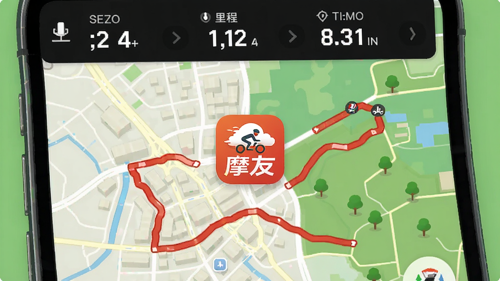 手机屏幕显示一条红色骑行轨迹路线图,路线蜿蜒穿过城市与郊外,屏幕上方显示速度、里程、时间等数据面板,背景为简约地图风格,画面中央有