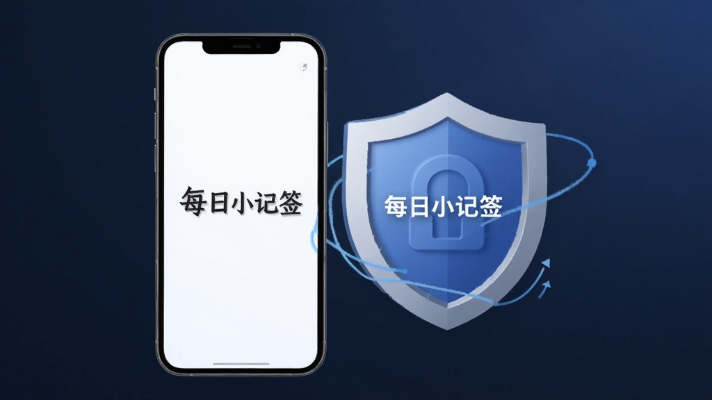 一张“每日小记签”隐私安全概念图,画面以手机和盾牌图标为核心元素,手机屏幕显示“每日小记签”字样,盾牌象征数据保护,背景为深蓝色渐变,风格商务简洁,画面干净,高清画质,无多余装饰。