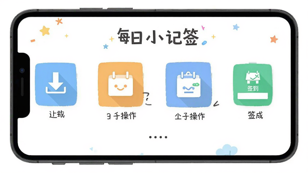一张“每日小记签”新手操作示意图,画面展示手机屏幕上从下载到签到完成的四个步骤图标,风格扁平化,配色清新,画面中央有“每日小记签”文字,布局从左到右排列,画质干净,无多余元素。