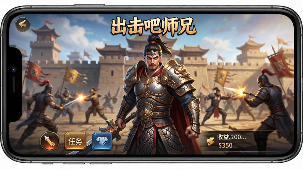 一张手机屏幕展示出击吧师兄游戏主界面,画面中央是穿着铠甲的战士角色,背景是古代城墙和战斗场景,界面下方有任务按钮和收益显示,顶部有游戏名称出击吧师兄,整体风格为写实奇幻,色彩饱满,细节清晰,画质高清,干净无多余元素