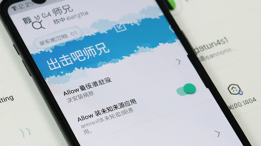 一张手机屏幕显示出击吧师兄安装权限设置界面,画面中有允许安装未知来源应用的开关按钮,背景是手机设置菜单,界面风格为安卓系统原生风格,色彩简洁,画质高清,干净无多余元素