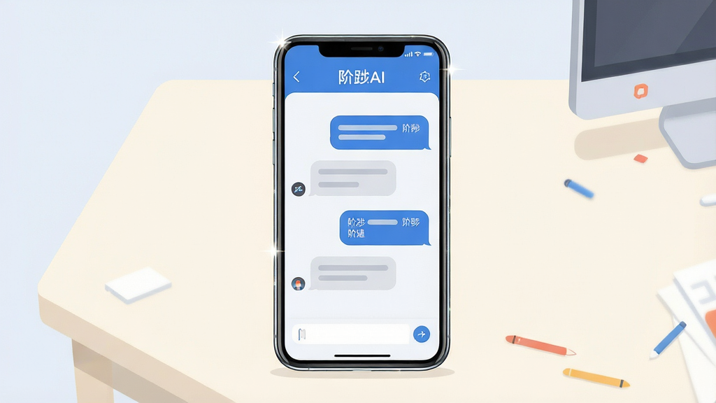 一张展示阶跃AI手机应用界面的场景图,画面中央是一部竖屏智能手机,屏幕显示阶跃AI对话界面,顶部有“阶跃AI”文字标识,对话气泡清晰可见,背景为简洁的浅色桌面,布局采用居中构图,风格为现代科技感扁平插画,细节包括手机边缘高光、界面图标和输入框,画质清晰干净,无多余元素