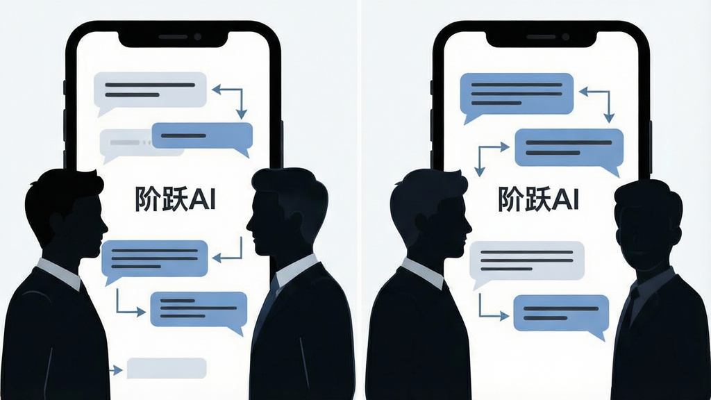 一张表现阶跃AI多轮对话能力的示意图,画面主体为两个人物剪影隔着手机屏幕对话,屏幕内显示“阶跃AI”字样和多个对话气泡,布局为左右分栏,风格为简约商务插画,细节包括气泡内的文字线条和连接箭头,画质清晰干净,无多余元素
