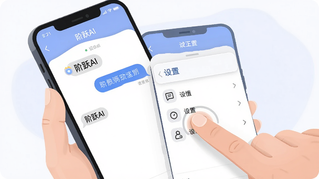 一张展示阶跃AI移动端使用技巧的示意图,画面主体为一只手拿着手机,手机屏幕上显示“阶跃AI”对话界面和设置菜单,布局为特写构图,风格为现代扁平插画,细节包括手指触控动作和界面图标,画质清晰干净,无多余元素