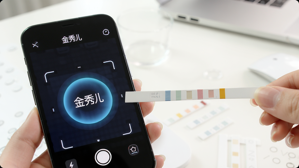 金秀儿APP智能识别试纸功能的界面展示,画面中一部智能手机正对着金秀儿排卵试纸进行扫描识别,手机屏幕上显示“金秀儿”品牌标识和识别中的动态效果,背景为干净的白色桌面,光线明亮,风格科技感与健康感结合,细节包括试纸上的色带和手机摄像头对焦框,画质清晰,无杂乱元素