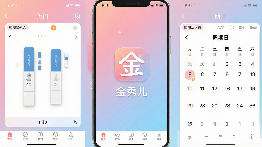 一张展示金秀儿APP主界面的手机屏幕截图,画面中央是金秀儿应用程序的图标与名称“金秀儿”,背景为柔和的粉蓝色渐变,界面中显示排卵试纸检测结果录入和周期日历视图,布局简洁清晰,风格温馨专业,细节包括底部导航栏和顶部状态栏,画质高清,干净明亮,无多余元素
