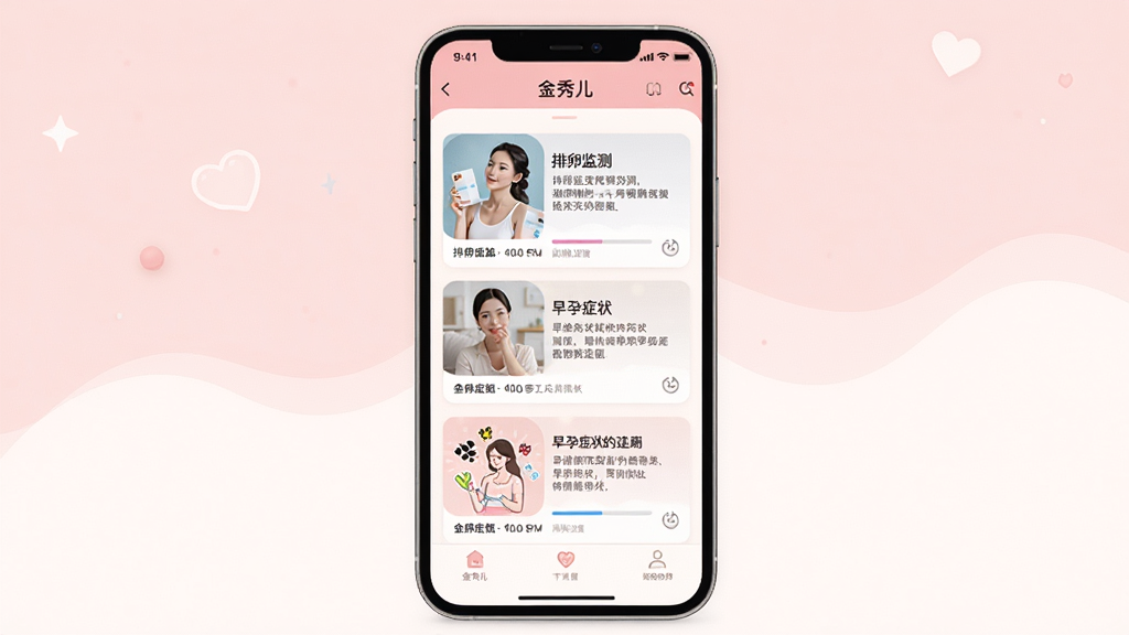金秀儿APP健康知识库页面展示,画面中央是手机屏幕显示“金秀儿”应用内的文章列表和科普图文,包括排卵监测、早孕症状等主题卡片,背景为浅粉色与白色搭配的温馨风格,布局整齐,细节包括文章缩略图和阅读进度条,画质高清,干净整洁,无多余装饰
