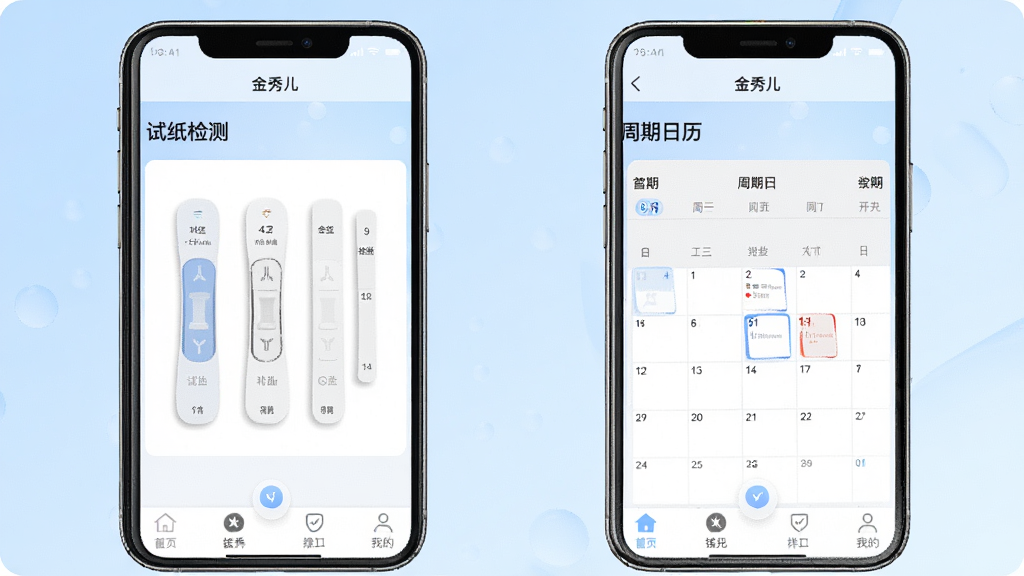 金秀儿APP移动端操作界面截图,画面展示手机屏幕上金秀儿应用的“试纸检测”和“周期日历”两个核心页面并排显示,背景为淡蓝色渐变,风格简洁现代,细节包括底部导航图标和顶部标题栏“金秀儿”,画质清晰,干净无杂物