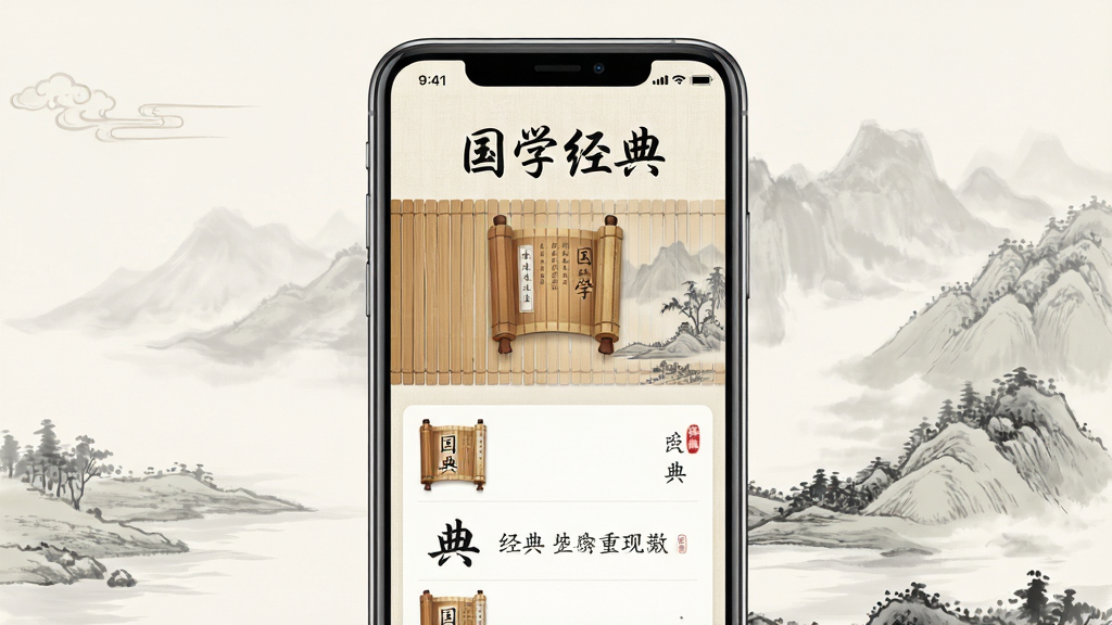 画面中央展示一部智能手机,手机屏幕显示“国学经典”APP主界面,界面中有古风书卷图标和经典书目列表,背景为淡雅水墨山水,整体布局简洁,风格为中国风古典雅致,细节包括竹简纹理与毛笔字标题,画质高清,干净,无多余元素