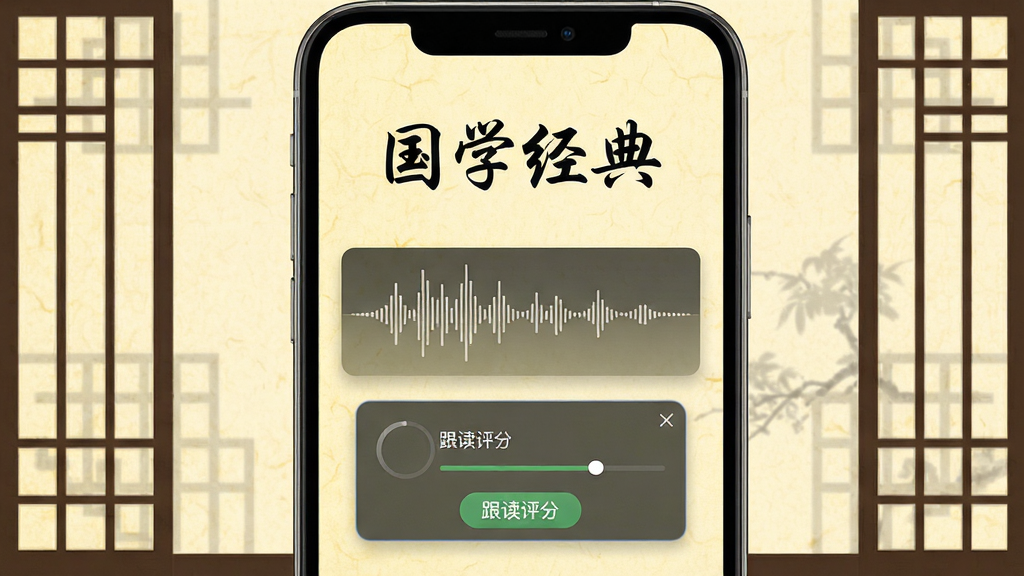 手机屏幕展示“国学经典”软件朗读界面,画面中有音频波形动画和跟读评分弹窗,背景为浅黄色宣纸质感,风格清新简约,细节包括古典窗棂装饰与毛笔字标题,画质高清,干净,无多余元素