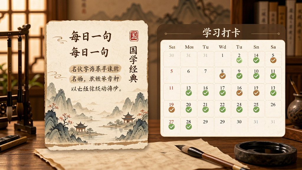 画面展示“国学经典”APP的每日一句卡片与学习打卡日历,卡片上有古风插画和名句文字,日历中有连续打卡标记,背景为暖色调书房场景,风格温馨古典,细节包括笔墨纸砚元素,画质高清,干净,无多余元素