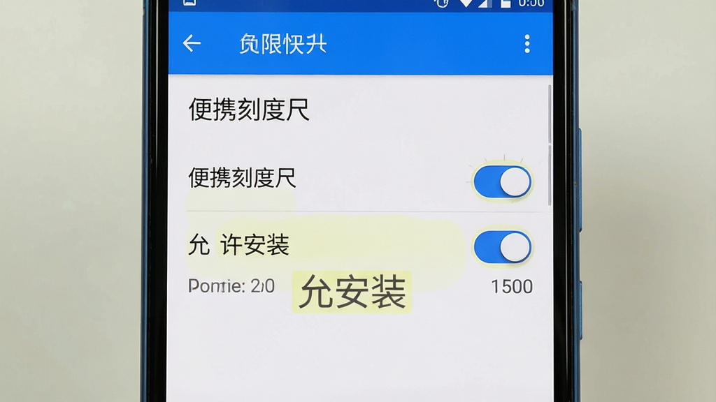 一张展示便携刻度尺应用在安卓手机上安装权限设置界面的图片,主体是手机屏幕显示权限管理页面,布局为手机屏幕特写居中,风格为操作教程截图风格,细节包括权限开关按钮和高亮提示文字,画质清晰干净,图片中屏幕显示文字“便携刻度尺”和“允许安装”