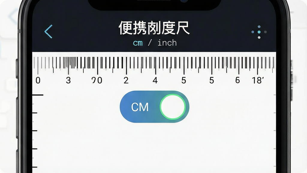 一张展示便携刻度尺应用内厘米与英寸单位切换界面的图片,主体是手机屏幕特写,屏幕中显示刻度尺界面和单位切换按钮,布局为居中构图,手机屏幕占据画面主要位置,风格为科技感UI展示,细节包括刻度线的粗细变化和单位按钮的高亮状态,画质清晰干净,图片中屏幕显示文字“便携刻度尺”和“cm / inch”