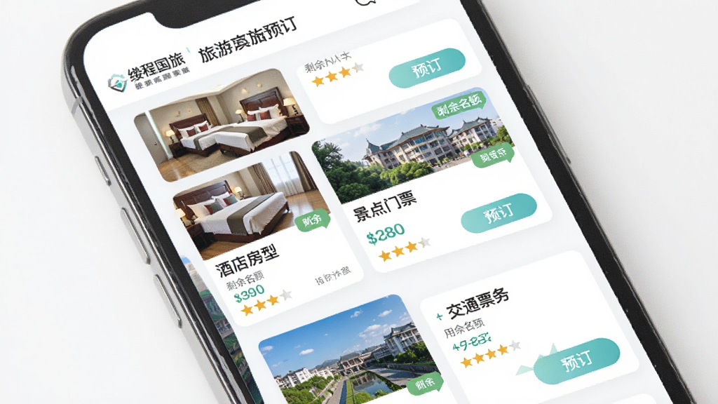 缕程国旅 旅游产品预订界面,主体为手机屏幕,布局为卡片式列表,排版展示酒店房型、景点门票和交通票务的缩略图与价格,风格为清新浅色系,细节包含预订按钮、剩余名额提示和用户评价星级,画质清晰,干净,无多余元素