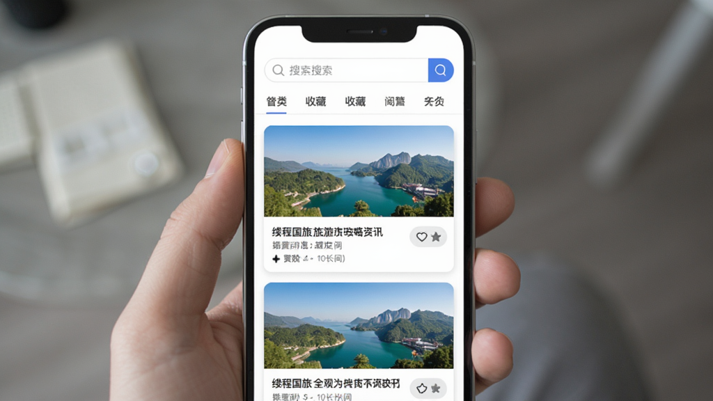 缕程国旅 旅游攻略资讯页面,主体为手机界面,布局为图文混排的信息流,排版上方为搜索栏和分类标签,下方为攻略文章卡片,风格为简洁阅读风,细节包含点赞图标、收藏按钮和阅读时长提示,画质清晰,干净,无多余元素