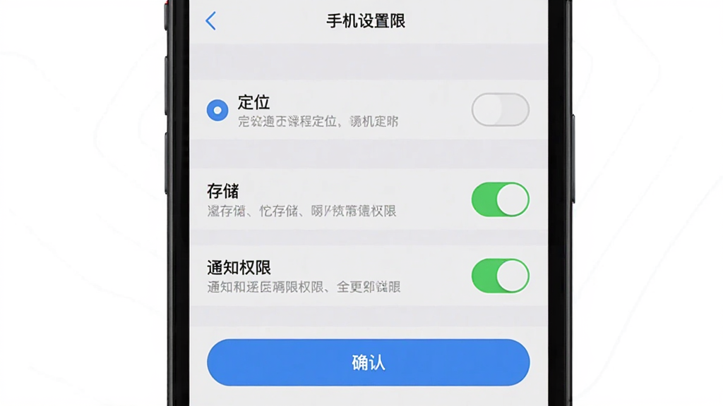缕程国旅 手机设置权限界面,主体为手机屏幕,布局为设置选项列表,排版展示定位、存储和通知权限的开关状态,风格为素雅极简,细节包含权限说明文字和确认按钮,画质清晰,干净,无多余元素