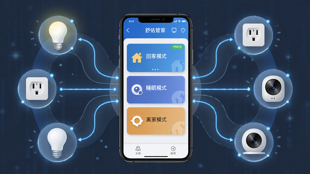 舒佑管家场景联动功能展示图,画面展示手机屏幕中舒佑管家的场景设置页面,屏幕上有回家模式、睡眠模式、离家模式等卡片按钮,周围环绕智能灯泡、智能插座、摄像头等设备图标,用连接线表示联动关系,布局采用中心辐射式排版,风格扁平化科技风,细节包括图标光影、连接线条、状态标签,画质清晰,干净整洁,无多余元素