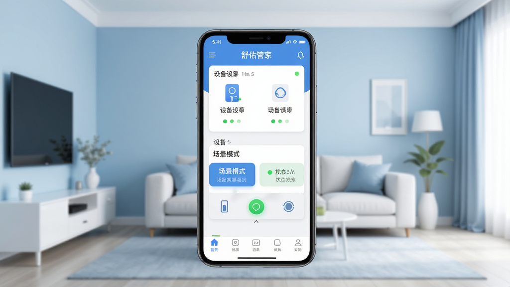 舒佑管家应用主界面预览图,画面中央展示一部智能手机,手机屏幕显示舒佑管家的首页界面,包含设备列表卡片、场景模式按钮、状态指示灯图标,背景为整洁的现代家居客厅,浅蓝色与白色为主色调,布局居中对称,风格简洁科技感,细节包括设备图标、连接状态圆点、底部导航栏,画质清晰,干净无多余元素