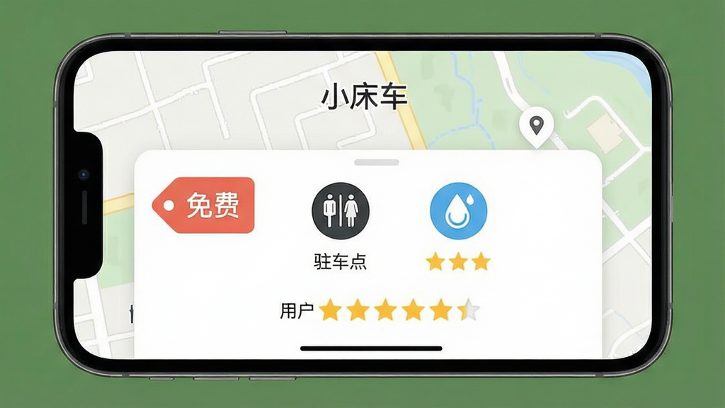 一张信息图表风格的小床车APP界面截图,展示驻车点详情页,包含免费标签、卫生间图标、加水图标、用户评分星级,背景是浅色地图,风格简洁现代,画质清晰干净,图中文字标注“小床车”