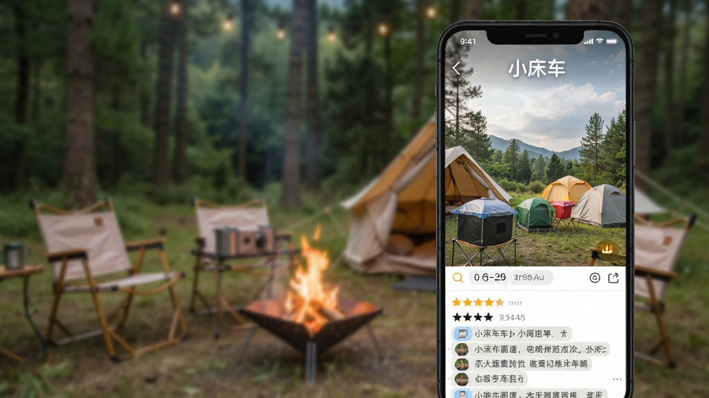 一张小床车APP露营地详情页的手机截图,页面展示多张用户上传的营地实景照片,下方有星级评价和文字评论,背景是户外露营场景虚化,风格写实自然,画质清晰干净,图中文字包含“小床车”