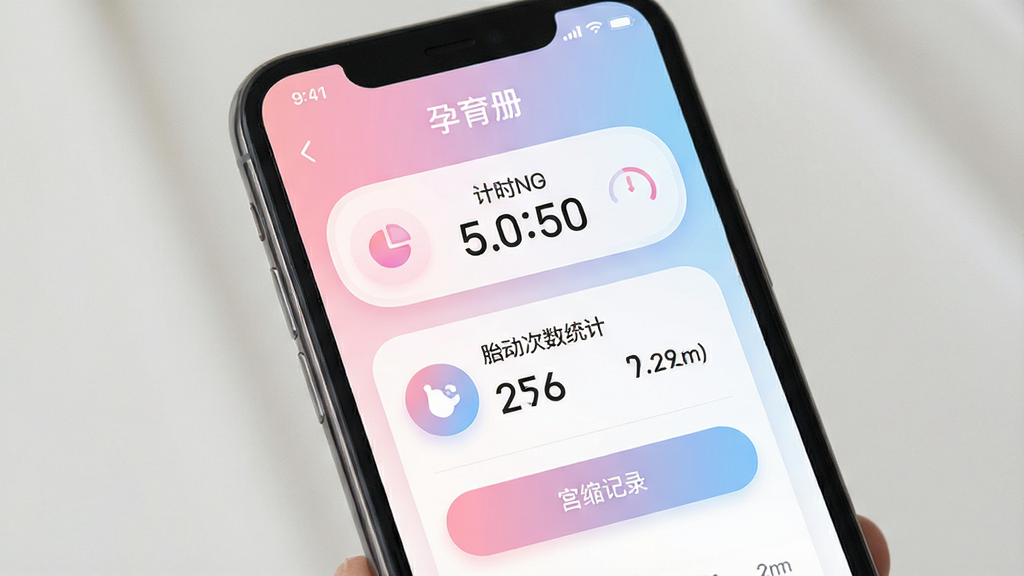 一张孕育册功能展示图,画面主体为手机屏幕显示胎动计数界面,包含计时器、胎动次数统计和宫缩记录按钮,布局为手机正面特写,风格为清新柔和的移动端UI,细节包括粉蓝色渐变背景、圆润的图标设计和清晰的数据展示,画质高清,画面干净,屏幕上方显示“孕育册”字样