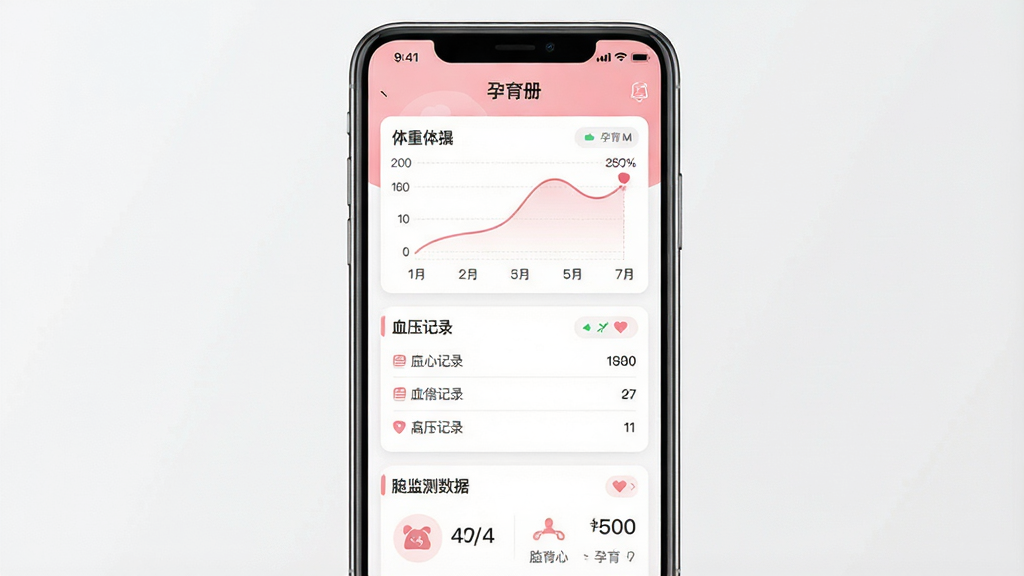 一张孕育册应用界面展示图,画面主体为手机屏幕显示孕期数据记录页面,包含体重曲线图、血压记录列表和胎心监测数据,布局为手机正面居中展示,风格为现代简约UI设计,细节包括柔和的粉色主题色、清晰的图表标注和整齐的数据卡片,画质高清,画面干净无杂乱元素,屏幕顶部显示“孕育册”应用名称