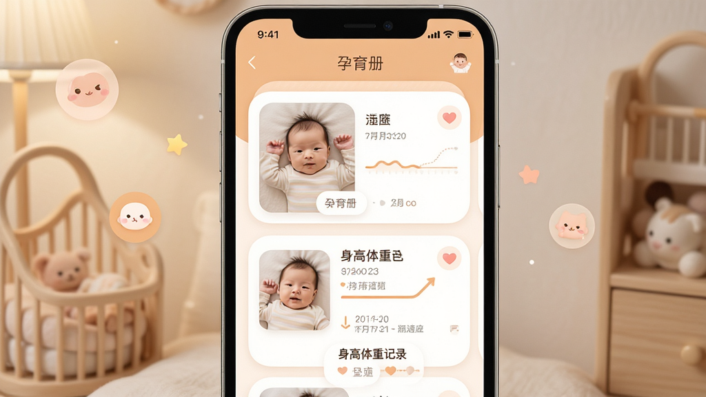一张孕育册时光轴功能展示图,画面主体为手机屏幕显示宝宝成长时光轴页面,包含宝宝照片、身高体重记录和日期标记,布局为手机正面居中,风格为温暖家庭记录类APP界面,细节包括柔和的暖色调、圆角卡片设计和可爱的图标元素,画质高清,画面干净,屏幕上方显示“孕育册”应用名称